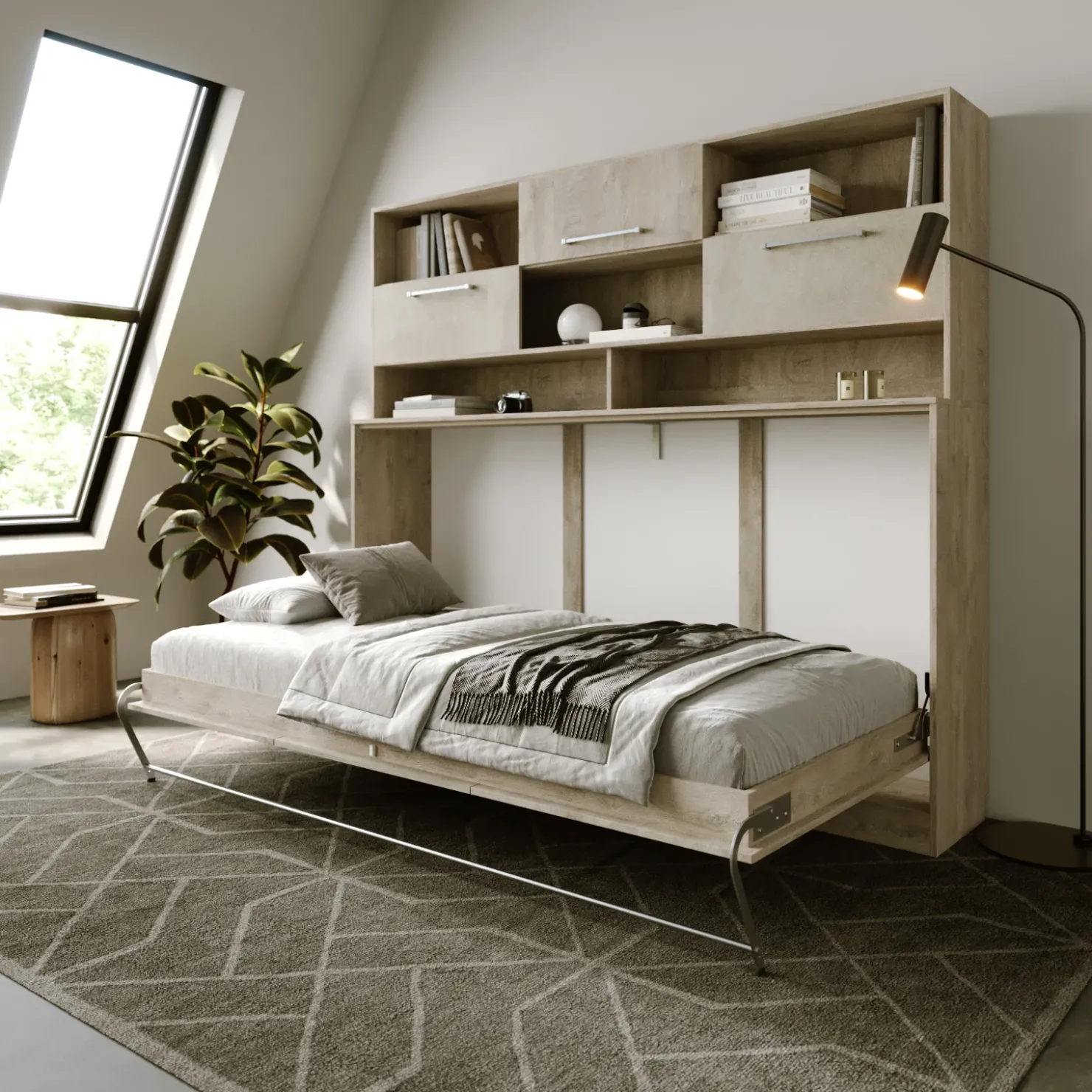 Garnero Arredamenti Letto a scomparsa orizzontale 90x200cm singolo con libreria rovere chiaro beige sabbia Alvin Gihome® Rovere - Beige Clearance