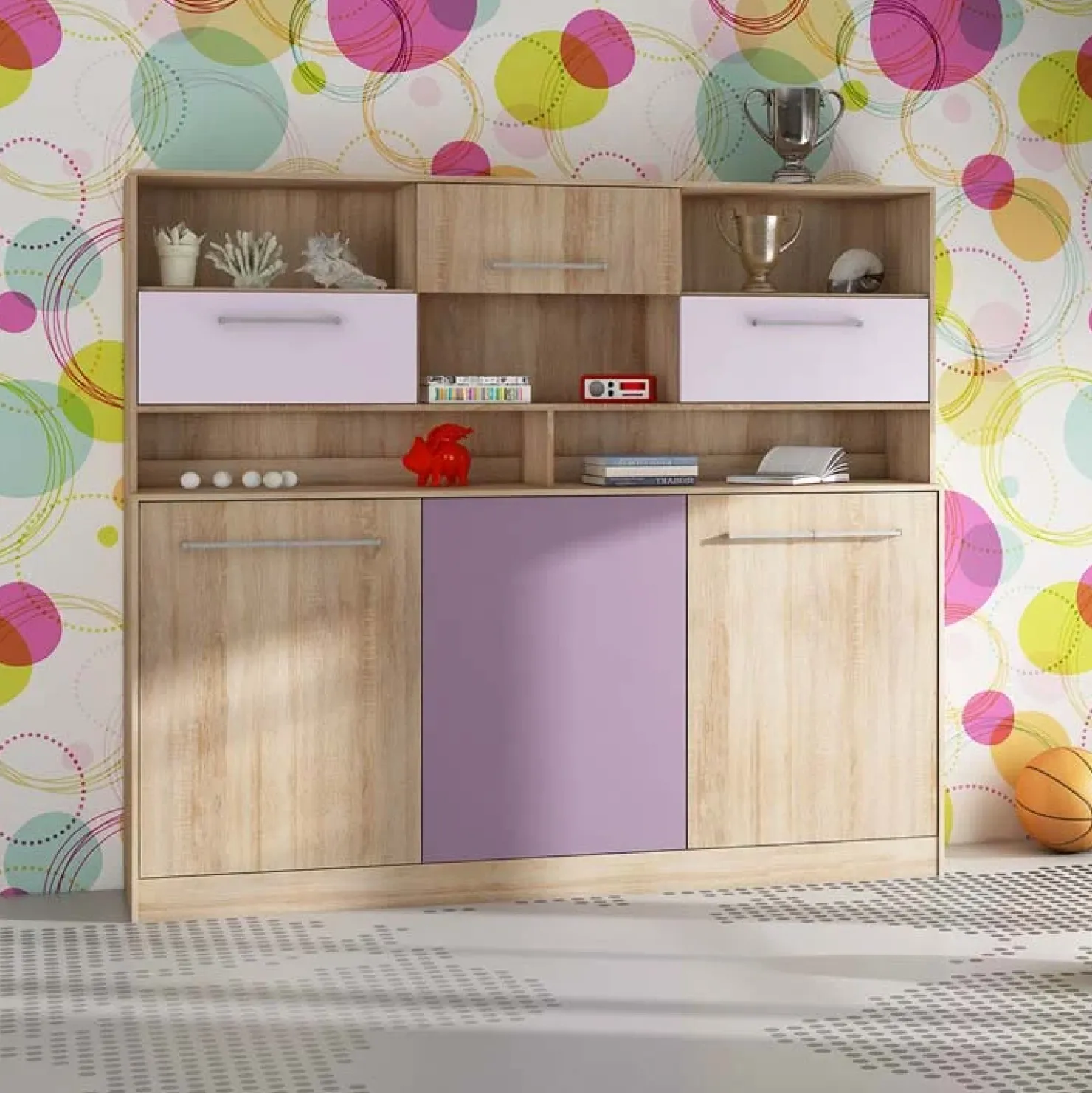 Garnero Arredamenti Letto a scomparsa orizzontale 90x200cm singolo con libreria rovere rosa Alvin Gihome® Rovere - Rosa New