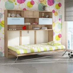 Garnero Arredamenti Letto a scomparsa orizzontale 90x200cm singolo con libreria rovere blu Alvin Gihome® Rovere - Blu New