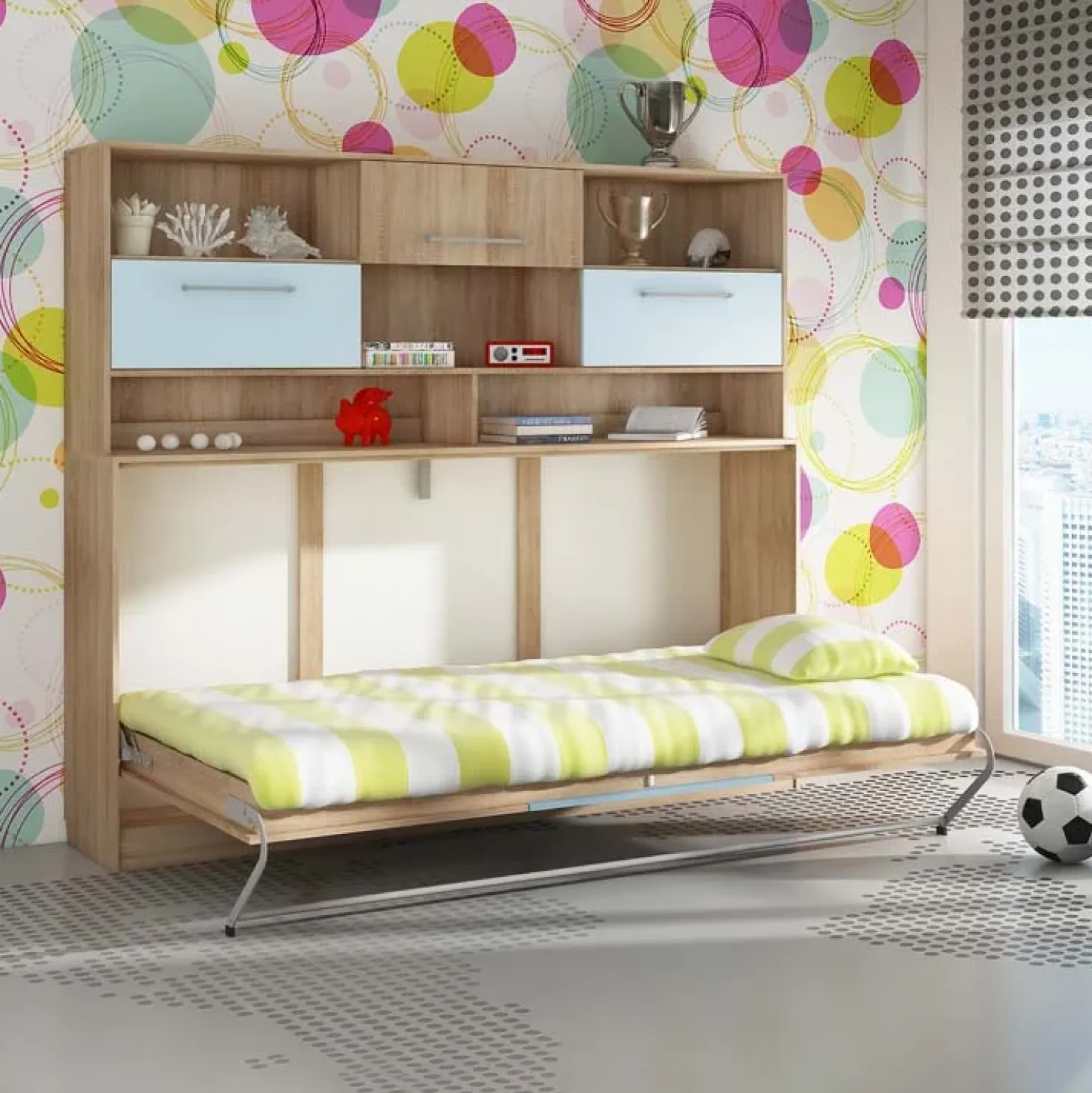 Garnero Arredamenti Letto a scomparsa orizzontale 90x200cm singolo con libreria rovere blu Alvin Gihome® Rovere - Blu New