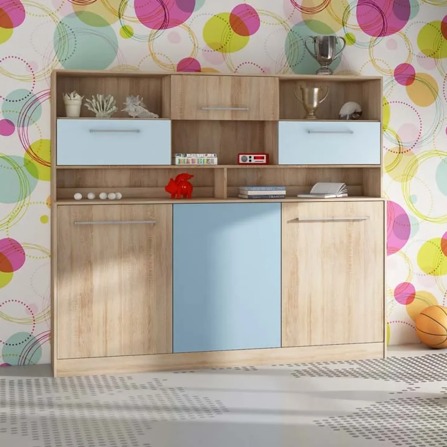 Garnero Arredamenti Letto a scomparsa orizzontale 90x200cm singolo con libreria rovere blu Alvin Gihome® Rovere - Blu New