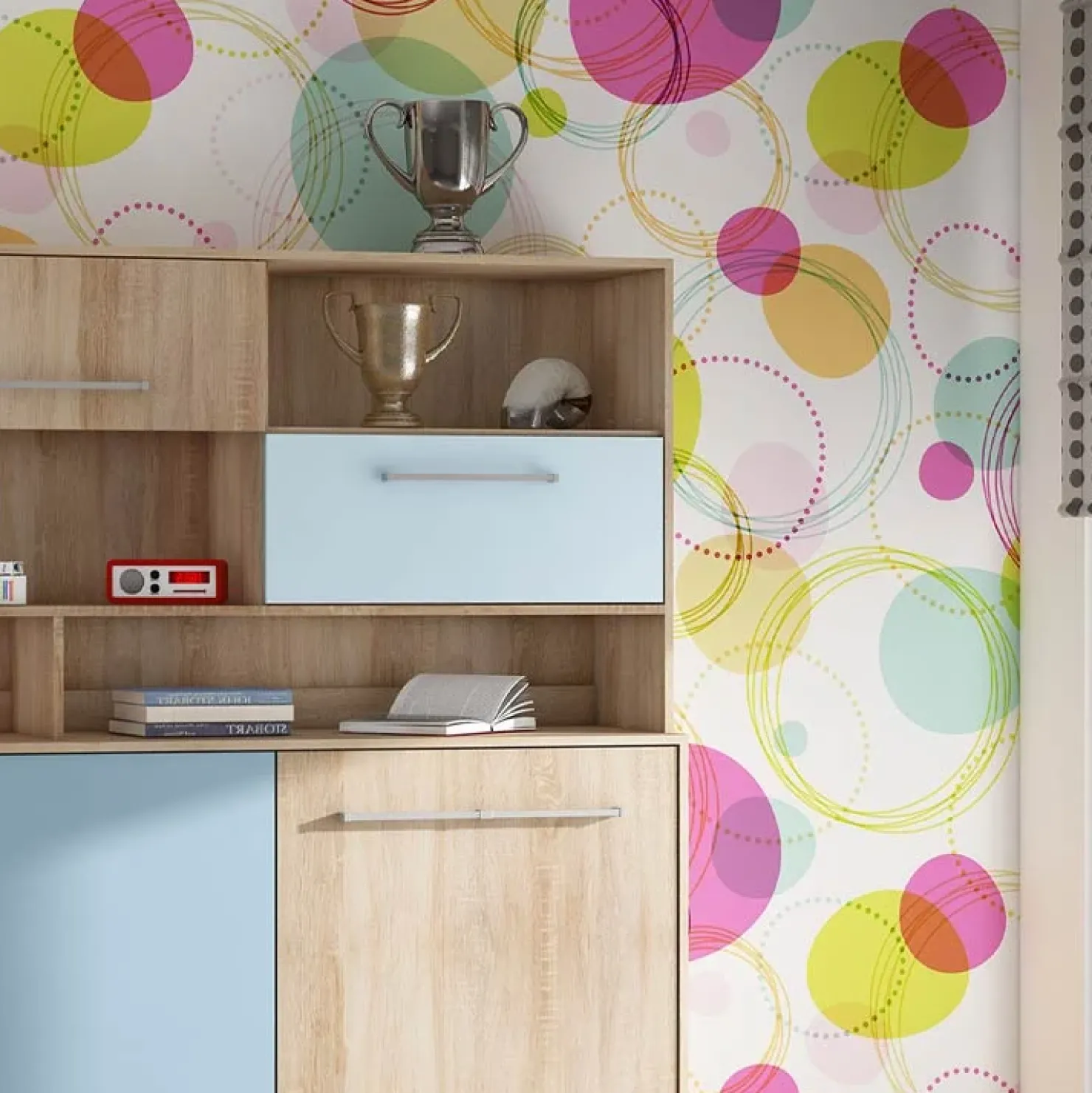 Garnero Arredamenti Letto a scomparsa orizzontale 90x200cm singolo con libreria rovere blu Alvin Gihome® Rovere - Blu New