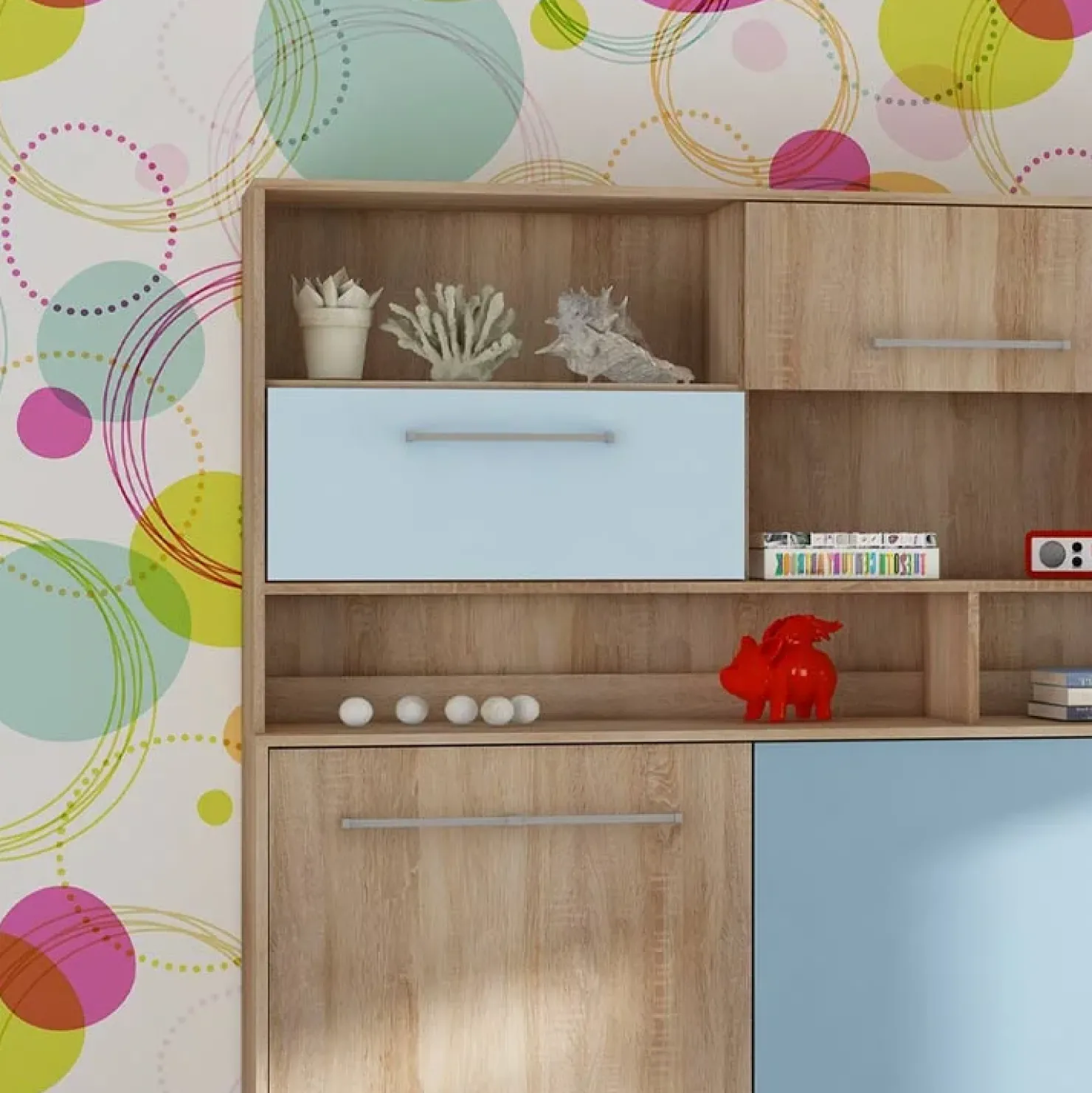 Garnero Arredamenti Letto a scomparsa orizzontale 90x200cm singolo con libreria rovere blu Alvin Gihome® Rovere - Blu New