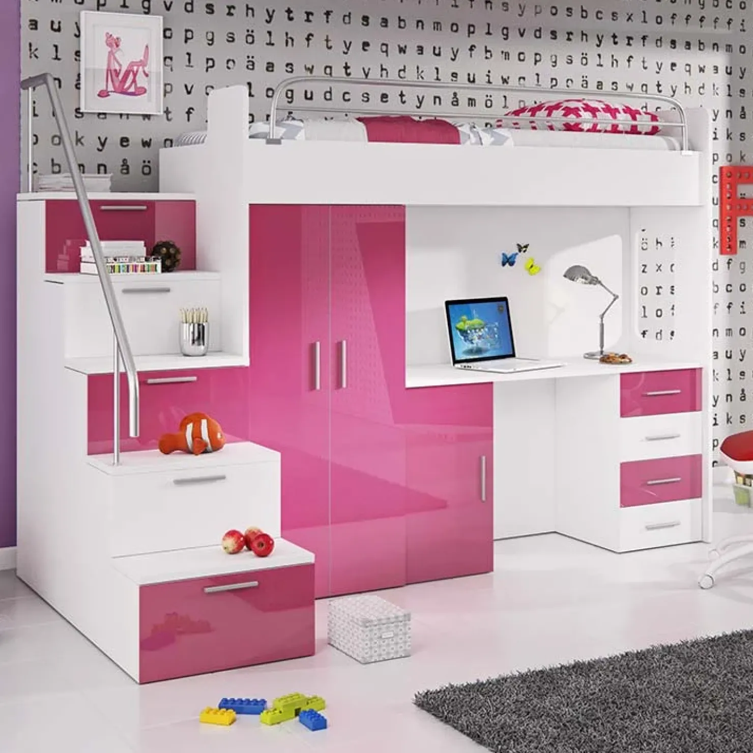 Garnero Arredamenti Letto a soppalco con armadio 254x120cm bianco rosa Simone Gihome® Bianco Lucido - Rosa Clearance