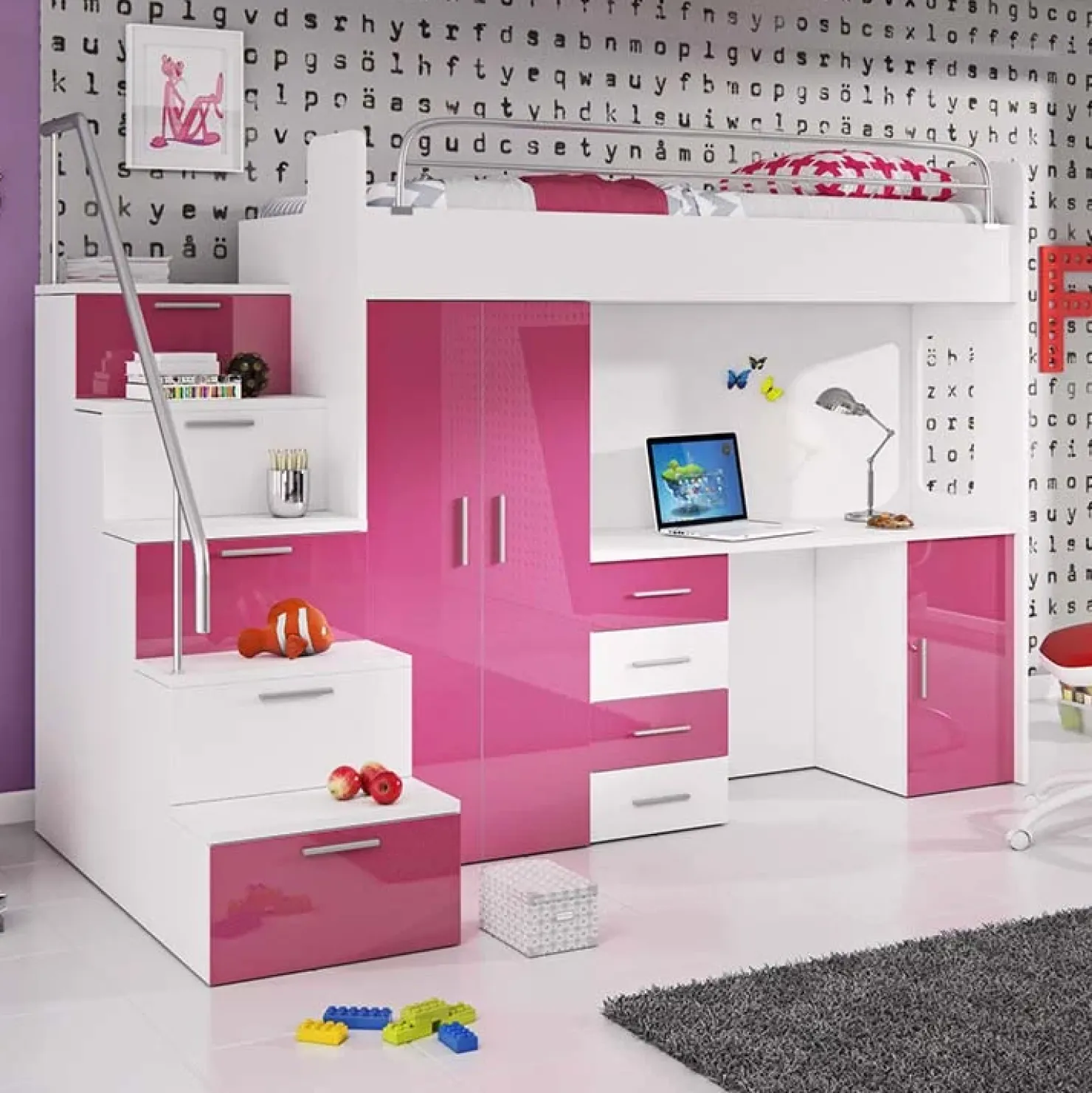 Garnero Arredamenti Letto a soppalco con armadio 254x120cm bianco rosa Simone Gihome® Bianco Lucido - Rosa Clearance