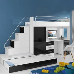 Garnero Arredamenti Letto a soppalco con armadio 324x180cm bianco nero 2 letti Diego Gihome® Bianco Lucido - Nero Lucido Hot