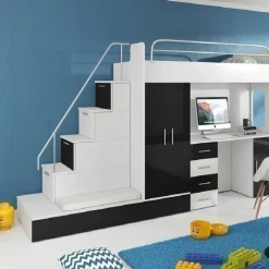 Garnero Arredamenti Letto a soppalco con armadio 324x180cm bianco nero 2  letti Diego Gihome® Bianco Lucido - Nero Lucido Hot