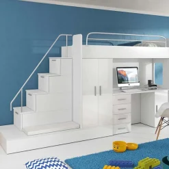 Garnero Arredamenti Letto a soppalco con armadio 324x180cm bianco 2 letti Diego Gihome® Bianco Lucido Sale