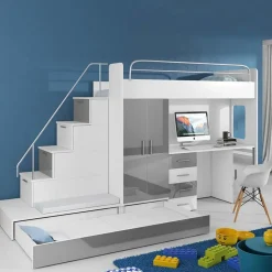 Garnero Arredamenti Letto a soppalco con armadio 324x180cm bianco grigio 2 letti Diego Gihome® Bianco Lucido - Grigio Sale