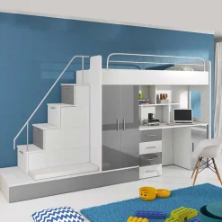 Garnero Arredamenti Letto a soppalco con armadio 324x180cm bianco grigio 2 letti Diego Gihome® Bianco Lucido - Grigio Sale