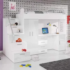 Garnero Arredamenti Letto a soppalco con armadio 254x120cm bianco Simone Gihome® Bianco Lucido Hot