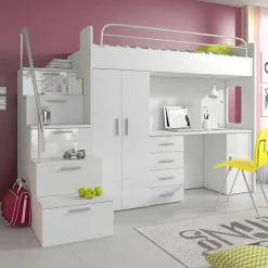 Garnero Arredamenti Letto a soppalco con armadio 254x120cm bianco Simone Gihome® Bianco Lucido Hot