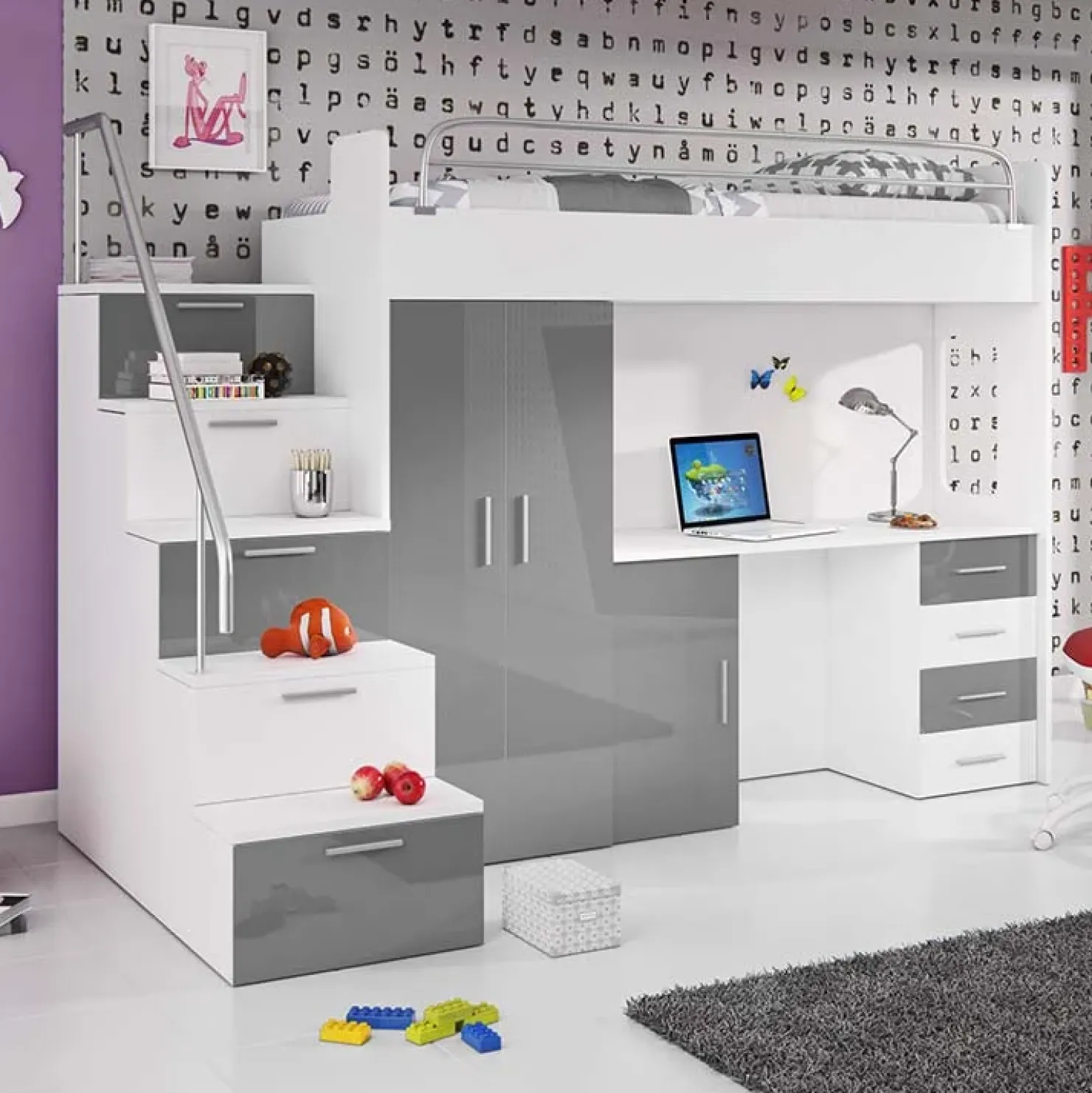 Garnero Arredamenti Letto a soppalco con armadio 254x120cm bianco grigio Simone Gihome® Bianco Lucido - Grigio Outlet