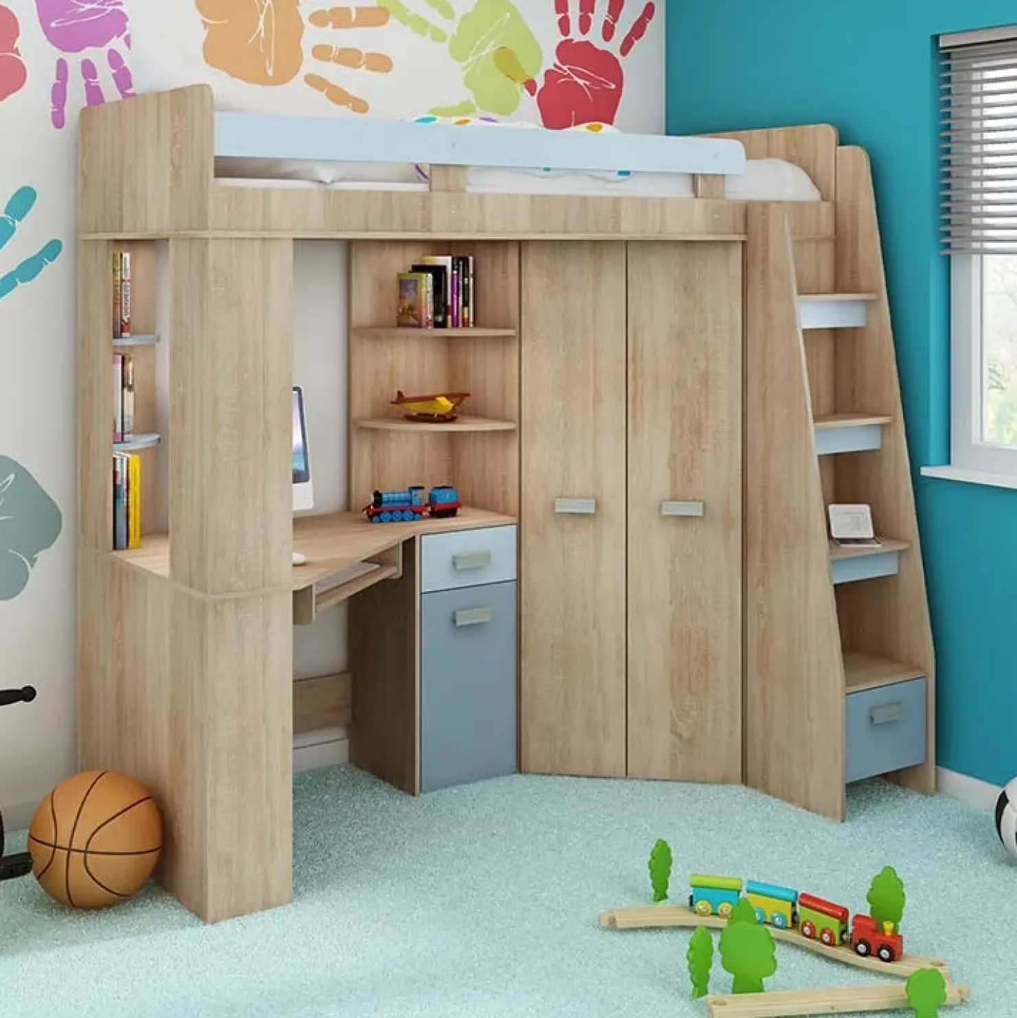 Garnero Arredamenti Letto a soppalco 204x120cm destra rovere blu Dollie Gihome® Rovere - Azzurro Clearance