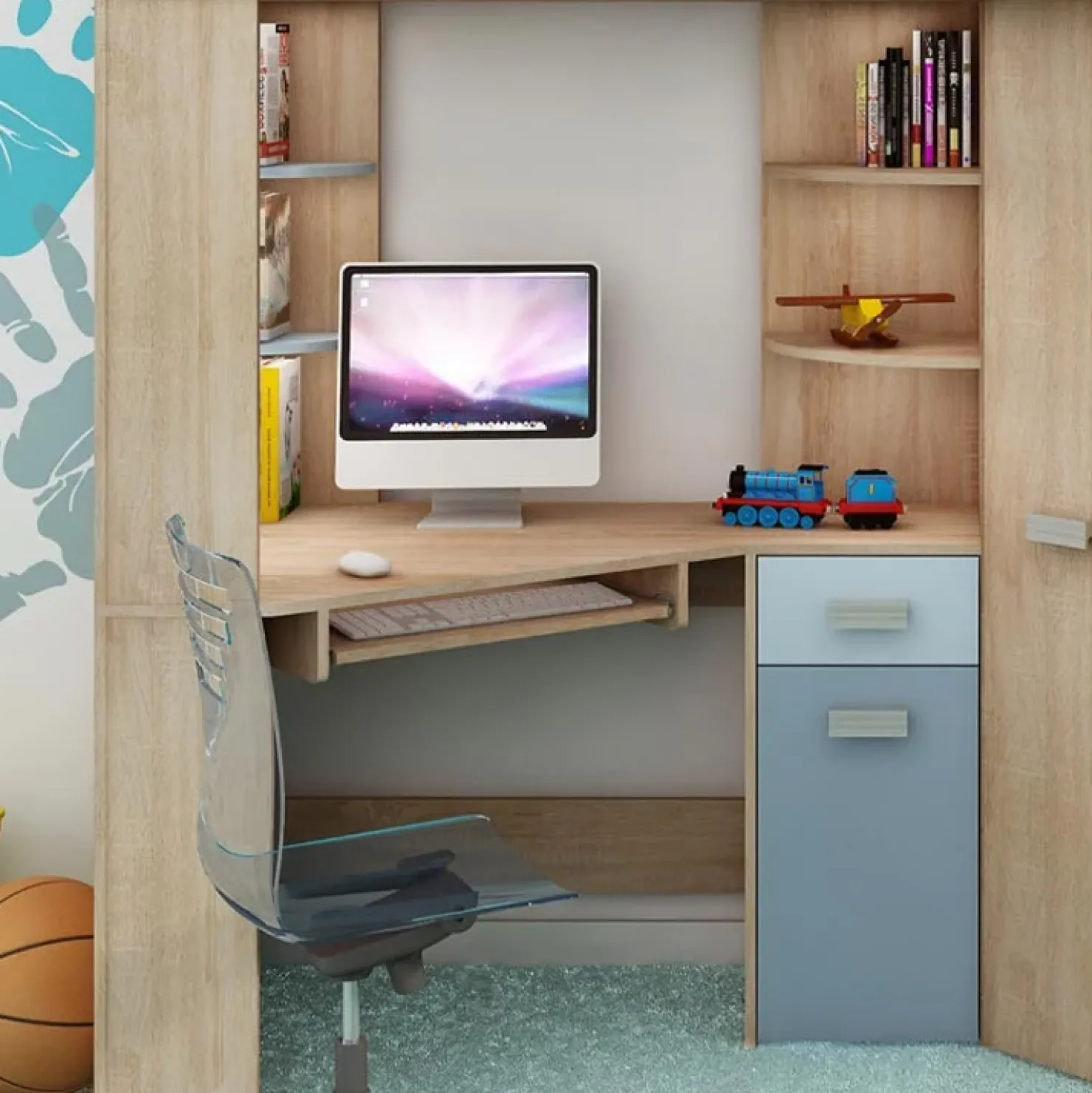 Garnero Arredamenti Letto a soppalco 204x120cm destra rovere blu Dollie Gihome® Rovere - Azzurro Clearance