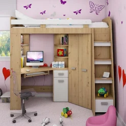 Garnero Arredamenti Letto a soppalco 204x120cm destra quercia bianco Dollie Gihome® Rovere Rustico - Bianco Discount