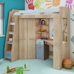 Garnero Arredamenti Letto a soppalco 204x120cm sinistra rovere blu Dollie Gihome® Rovere - Azzurro New