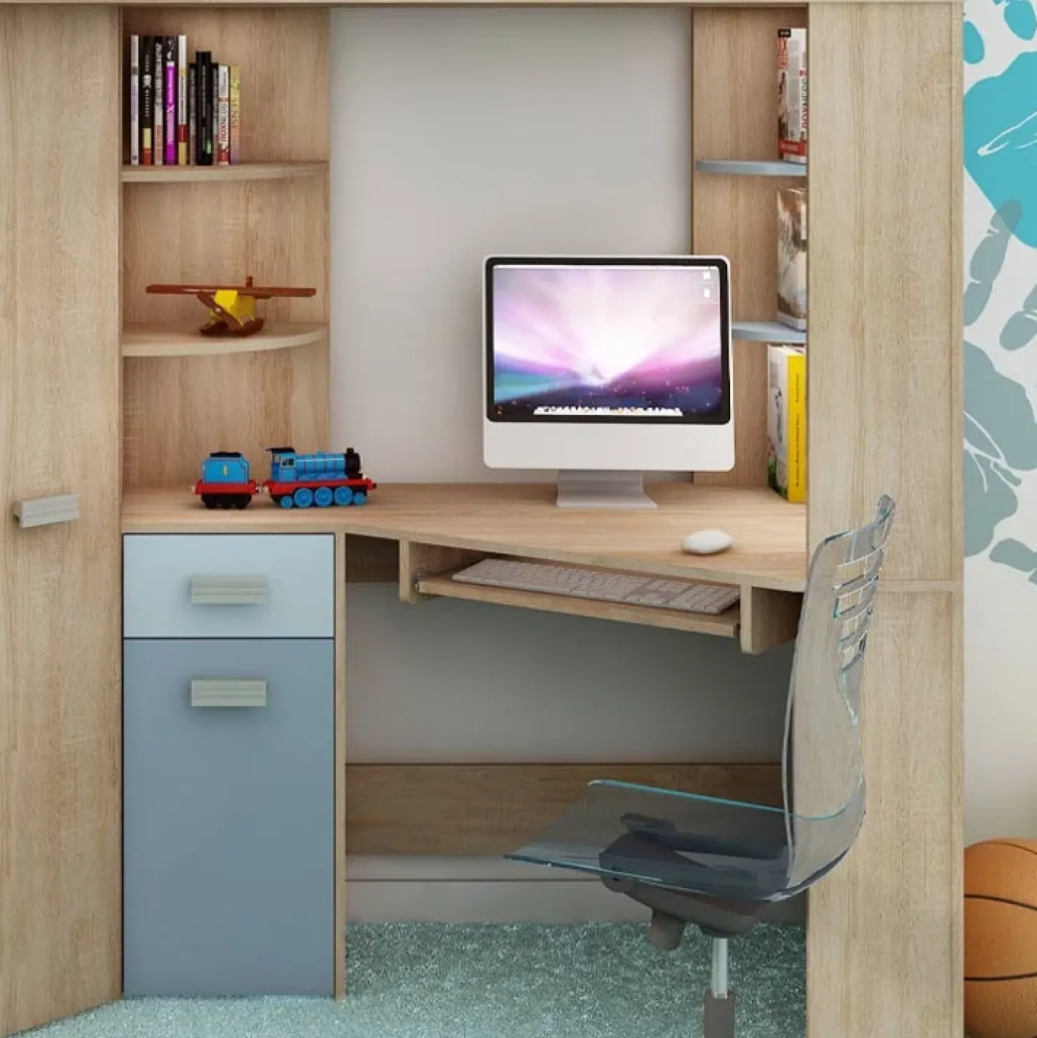 Garnero Arredamenti Letto a soppalco 204x120cm sinistra rovere blu Dollie Gihome® Rovere - Azzurro New