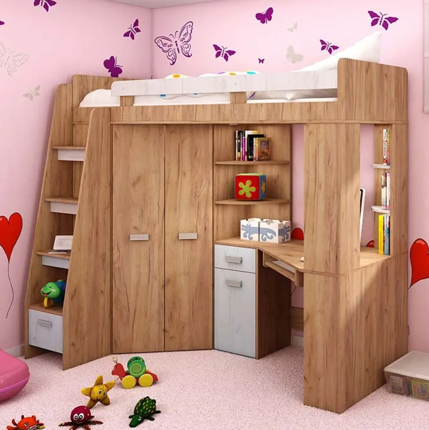 Garnero Arredamenti Letto a soppalco 204x120cm sinistra rovere miele bianco frassinato Dollie Gihome® Rovere Rustico - Bianco Frassinato New