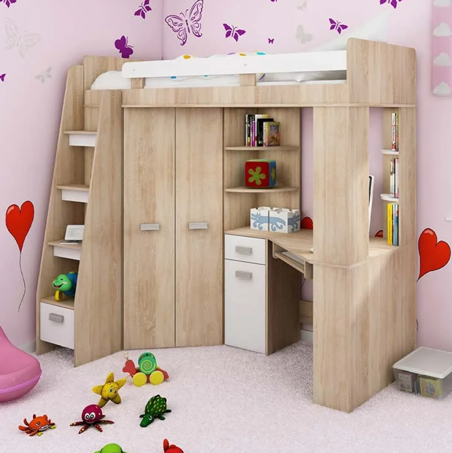 Garnero Arredamenti Letto a soppalco 204x120cm sinistra rovere bianco Dollie Gihome® Bianco - Rovere Hot