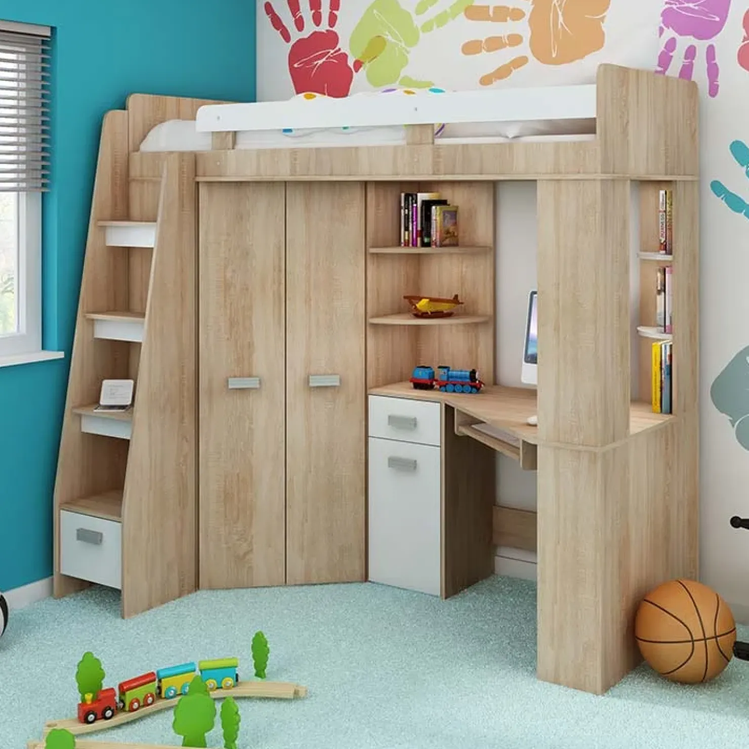 Garnero Arredamenti Letto a soppalco 204x120cm sinistra rovere bianco Dollie Gihome® Bianco - Rovere Hot