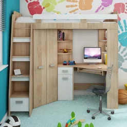 Garnero Arredamenti Letto a soppalco 204x120cm sinistra rovere bianco Dollie Gihome® Bianco - Rovere Hot