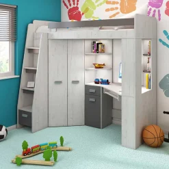 Garnero Arredamenti Letto a soppalco 204x120cm sinistra bianco pino grafite Dollie Gihome® Grafite - Bianco Frassinato Online