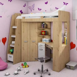 Garnero Arredamenti Letto a soppalco 204x120cm sinistra quercia bianco Dollie Gihome® Bianco - Rovere Rustico Clearance