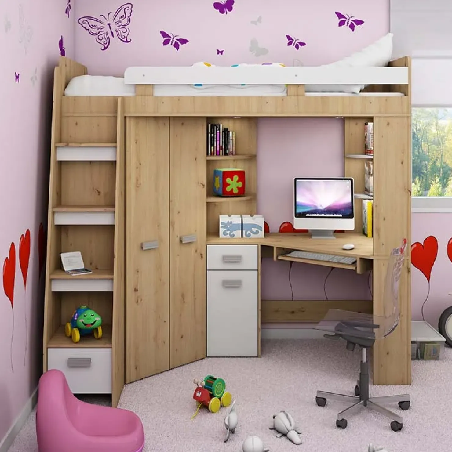 Garnero Arredamenti Letto a soppalco 204x120cm sinistra quercia bianco Dollie Gihome® Bianco - Rovere Rustico Clearance