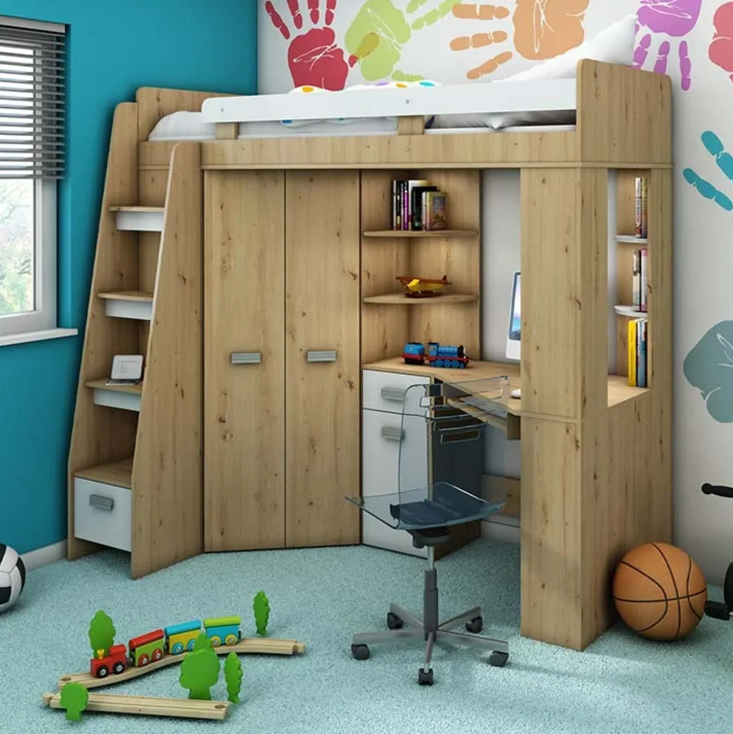 Garnero Arredamenti Letto a soppalco 204x120cm sinistra quercia bianco Dollie Gihome® Bianco - Rovere Rustico Clearance