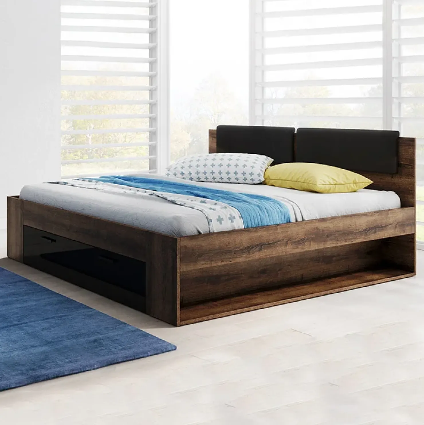 Garnero Arredamenti Letto alla francese 140x200cm con cassettone e vani laterali rovere scuro nero lucido Cortina Gihome® Nero Lucido - Wengè New