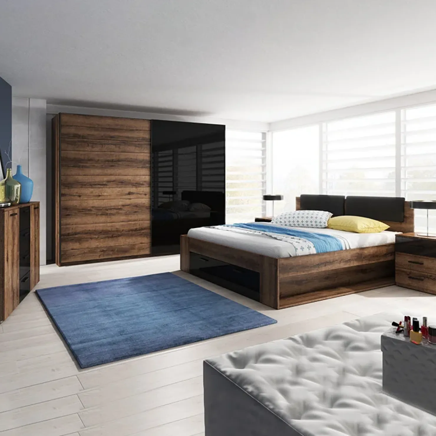 Garnero Arredamenti Letto alla francese 140x200cm con cassettone e vani laterali rovere scuro nero lucido Cortina Gihome® Nero Lucido - Wengè New