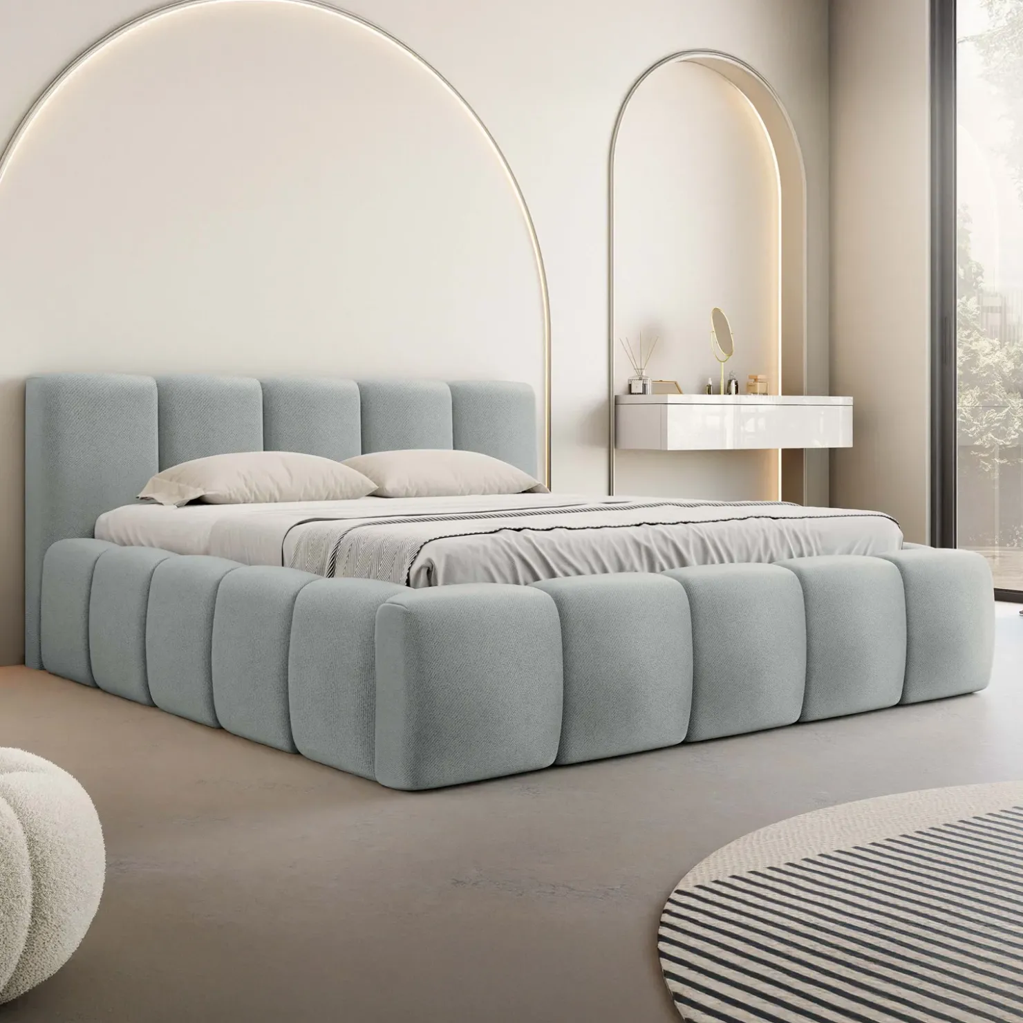 Garnero Arredamenti Letto alla francese 140x200cm con rete contenitore imbottito azzurro grigio Aluna Tessuto Paros Azzurro Grigio New