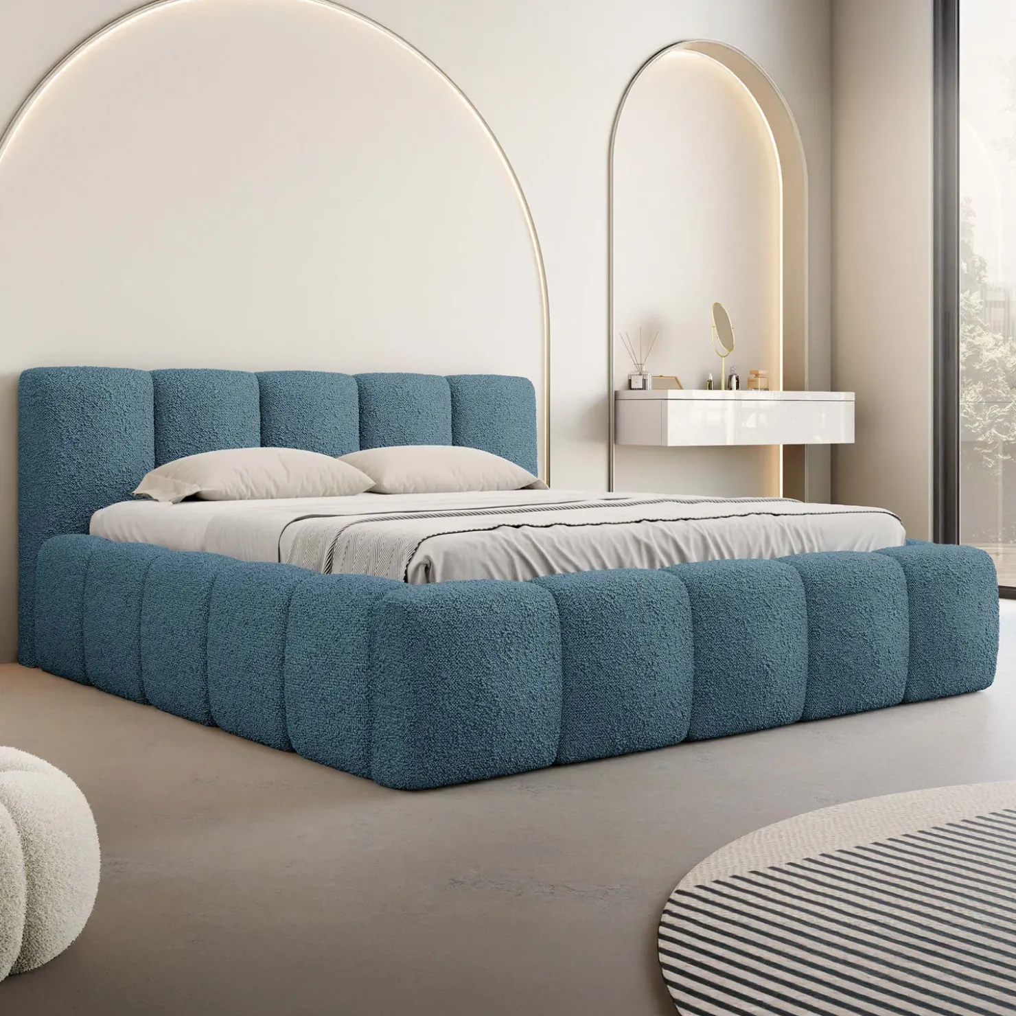 Garnero Arredamenti Letto alla francese 140x200cm con rete contenitore imbottito tessuto bouclé turchese Aluna Tessuto Abriamo Turchese Sale