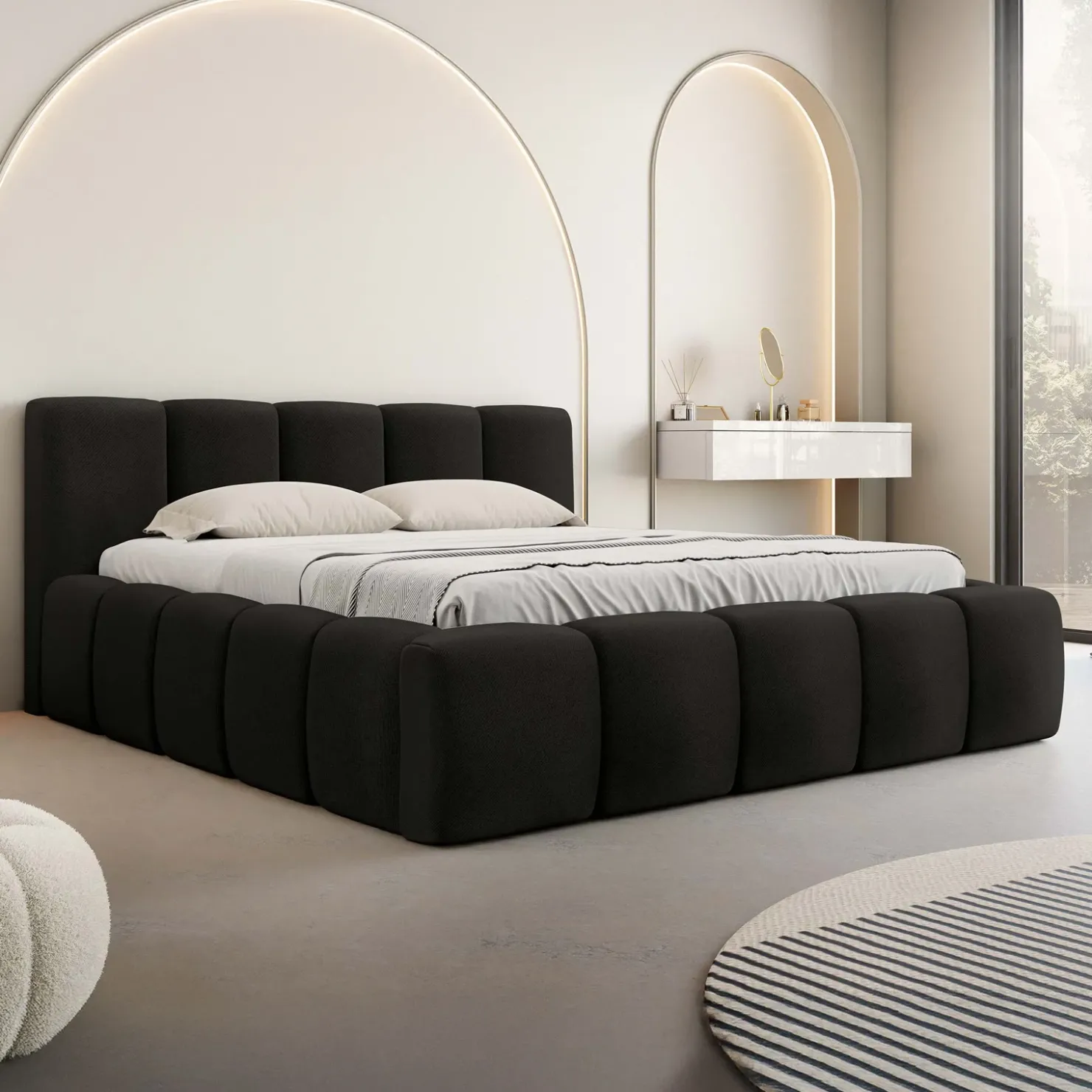 Garnero Arredamenti Letto alla francese 140x200cm con rete contenitore imbottito nero Aluna Tessuto Kronos Nero
