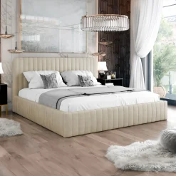 Garnero Arredamenti Letto contenitore alla francese 140x200cm imbottito velluto beige Poffi Tessuto Vellutato Lucido Beige Outlet