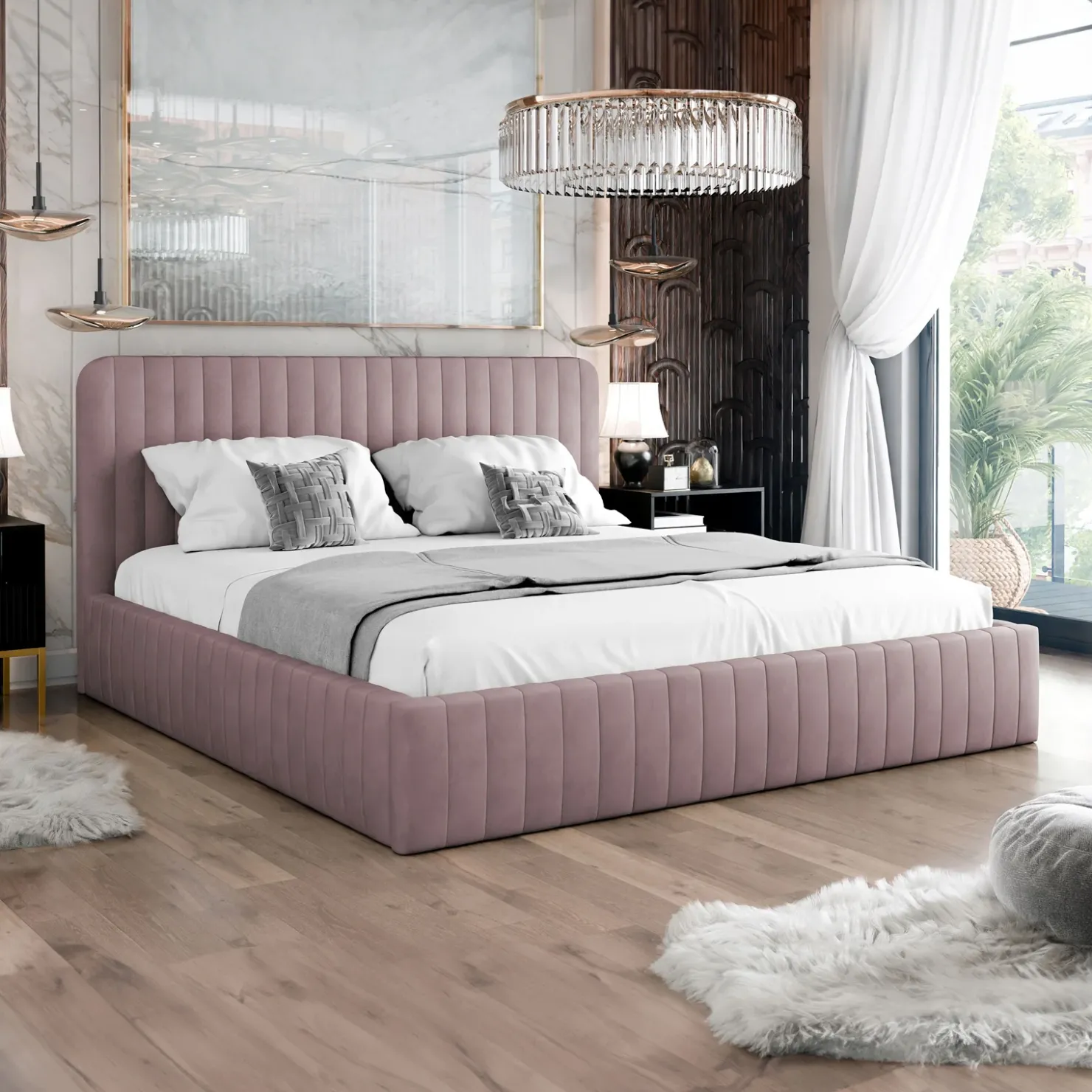 Garnero Arredamenti Letto contenitore matrimoniale oversize 180x200 imbottito velluto rosa Poffi Tessuto Vellutato Lucido Rosa Outlet