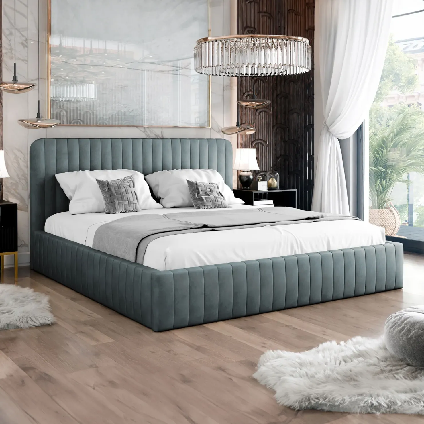 Garnero Arredamenti Letto contenitore matrimoniale oversize 180x200 imbottito velluto grigio scuro Poffi Tessuto Vellutato Lucido Grigio Scuro Outlet