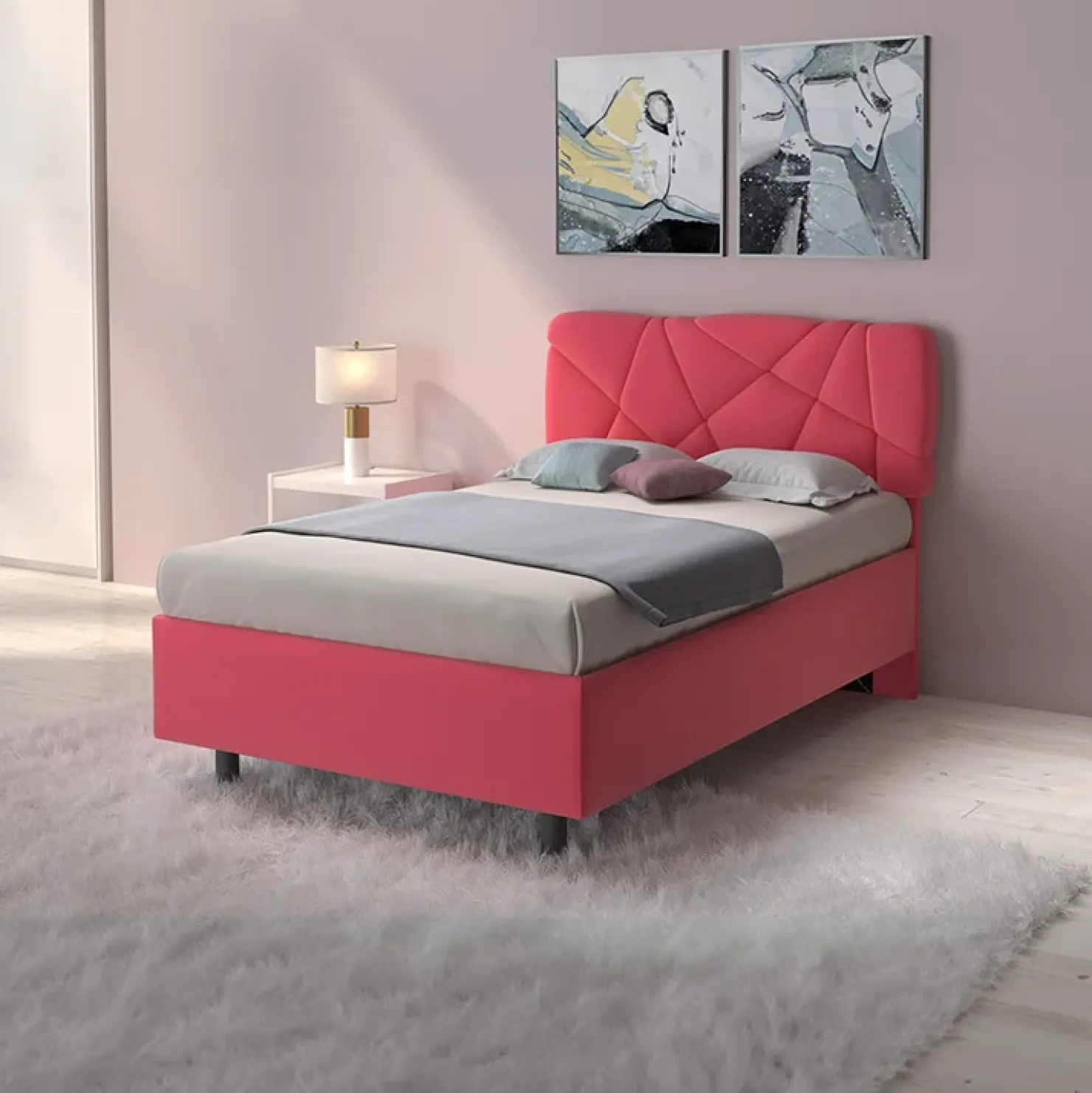 Garnero Arredamenti Letto contenitore una piazza e mezza 120x195cm imbottito tessuto rosa LuxeSleep Tessuto Lycra Fucsia New