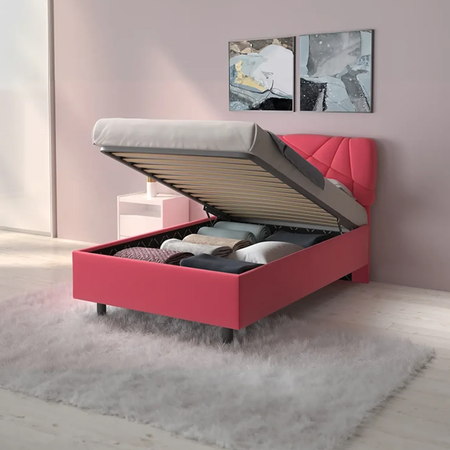 Garnero Arredamenti Letto contenitore una piazza e mezza 120x195cm imbottito tessuto rosa LuxeSleep Tessuto Lycra Fucsia New