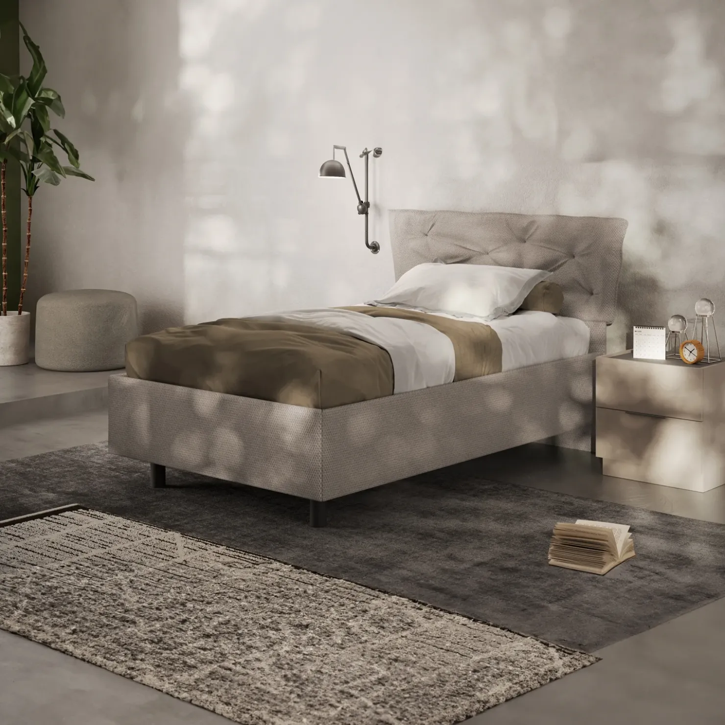 Garnero Arredamenti Letto contenitore una piazza e mezza 120x195cm imbottito tessuto tortora DreamSpace Tessuto Woven Tortora Best