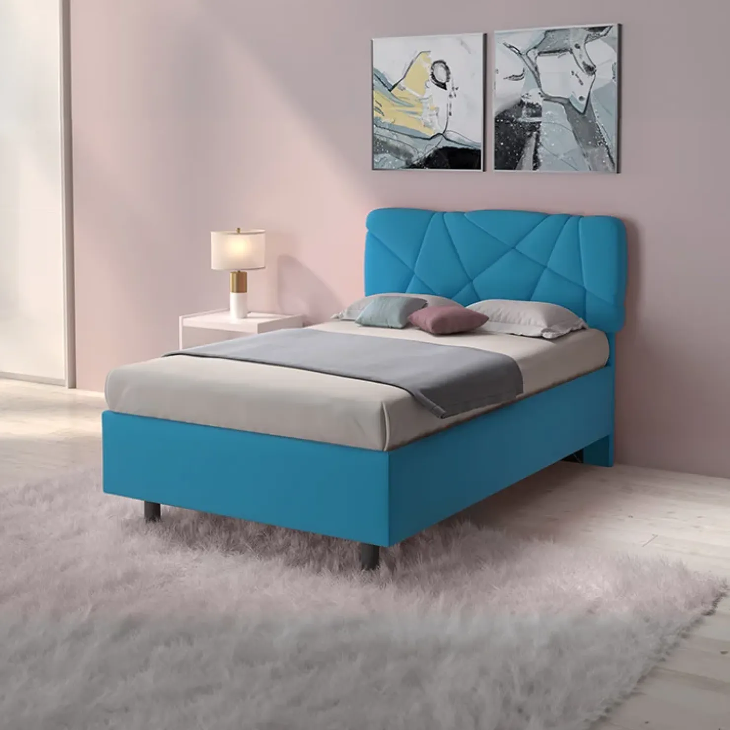 Garnero Arredamenti Letto contenitore una piazza e mezza 120x195 imbottito tessuto azzurro LuxeSleep Tessuto Lycra Azzurro Outlet
