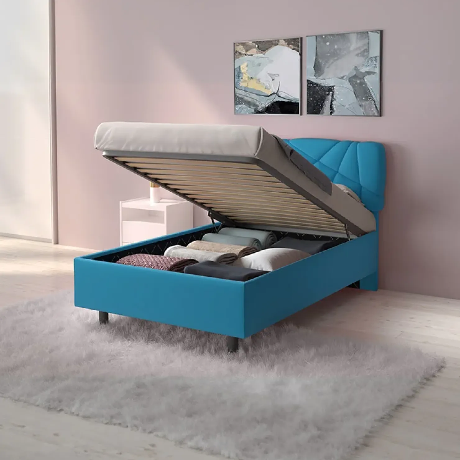 Garnero Arredamenti Letto contenitore una piazza e mezza 120x195 imbottito tessuto azzurro LuxeSleep Tessuto Lycra Azzurro Outlet