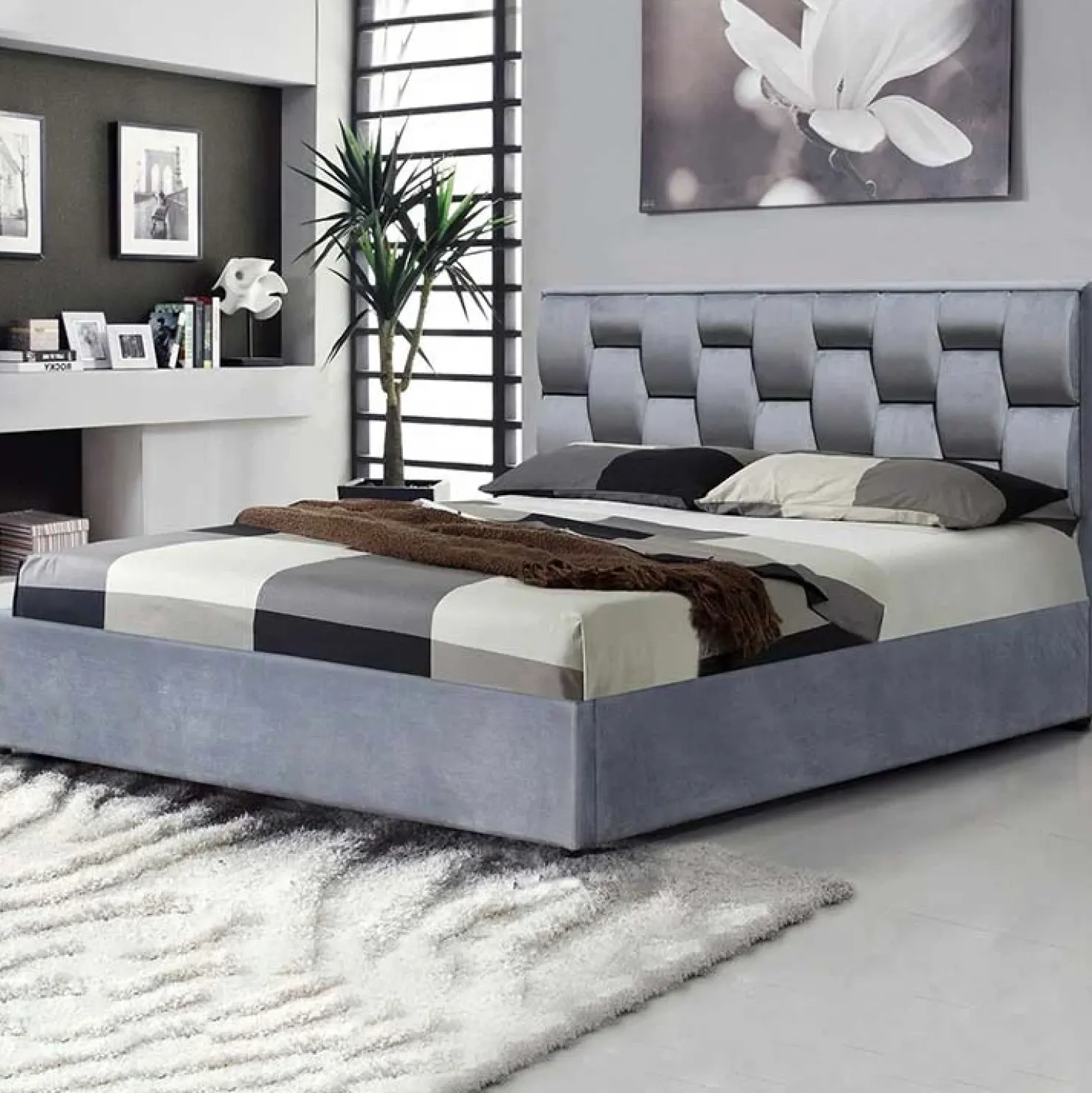 Garnero Arredamenti Letto imbottito matrimoniale in velluto con contenitore 160x200cm grigio Arena