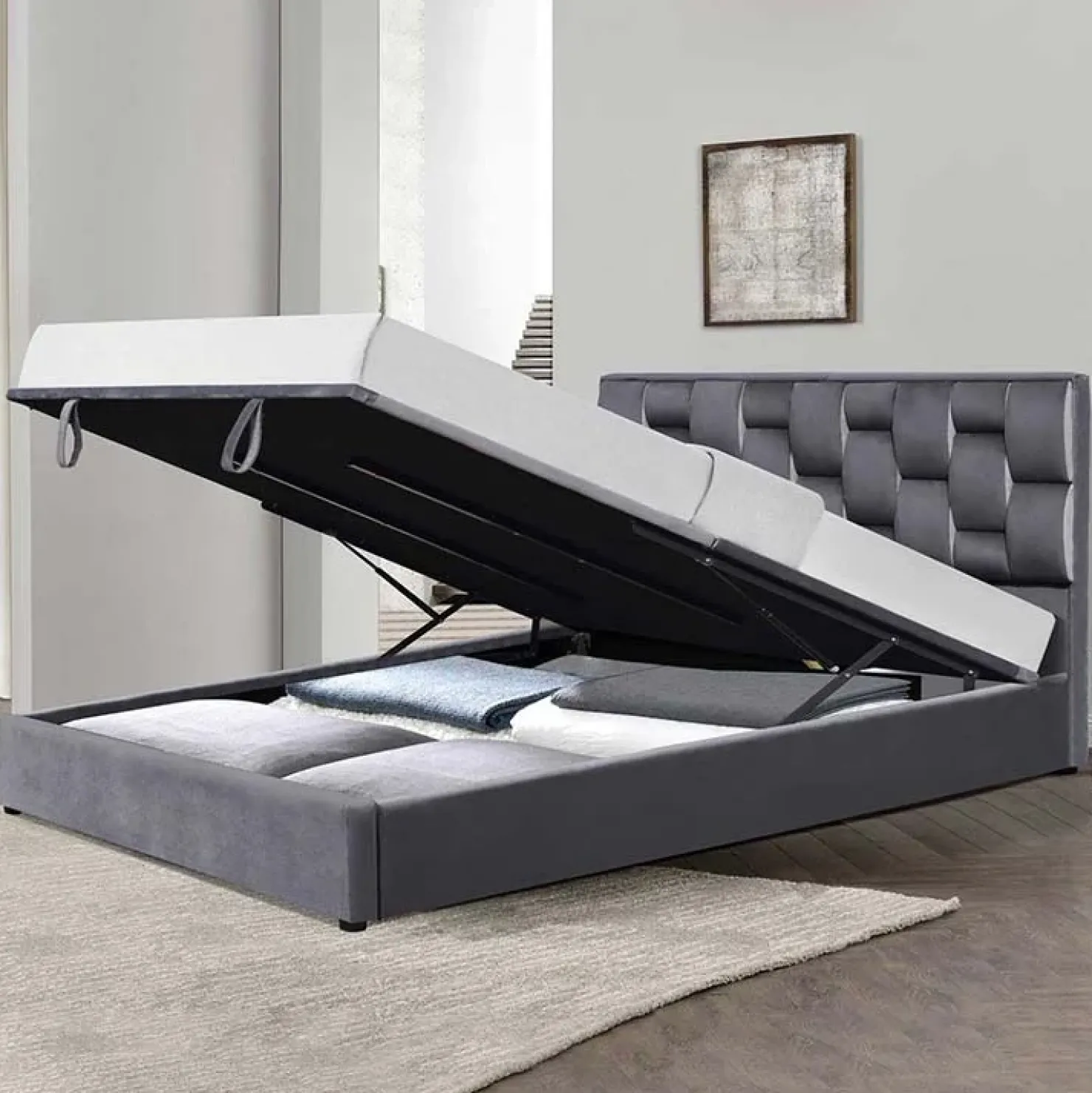 Garnero Arredamenti Letto imbottito matrimoniale in velluto con contenitore 160x200cm grigio Arena