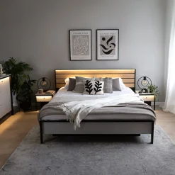 Garnero Arredamenti Letto matrimoniale contenitore 160x200cm con LED e presa USB-C grigio nero rovere Luna Online