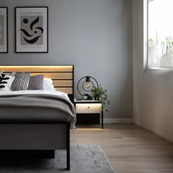 Garnero Arredamenti Letto matrimoniale contenitore 160x200cm con LED e presa USB-C grigio nero rovere Luna Online