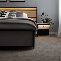 Garnero Arredamenti Letto matrimoniale contenitore 160x200cm con LED e presa USB-C grigio nero rovere Luna Online