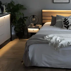 Garnero Arredamenti Letto matrimoniale contenitore 160x200cm con LED e presa USB-C grigio nero rovere Luna Online