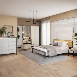 Garnero Arredamenti Letto matrimoniale contenitore 160x200cm con LED e presa USB-C grigio nero rovere Luna Online